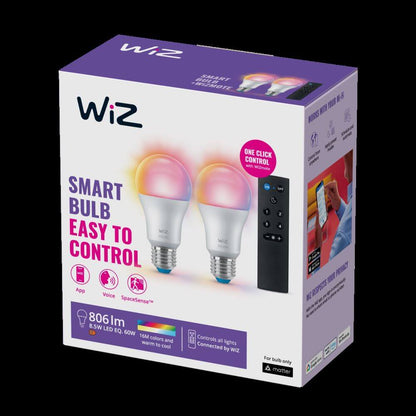 WiZ LED-älylamppu, E27, 806lm, RGBW, WiFi, 2-pack + WiZmote-kaukosäädin